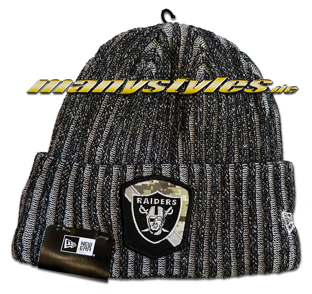 manystyles_new_era_las_vegas_raiders_9fifty_salute2service_2023_cuff_knit_beenie_black_grey_red_otc Las Vegas Raiders NFL Cuff Knit Salute2Service 2023 Split Patch Beenie in Black Grey OTC von New Era