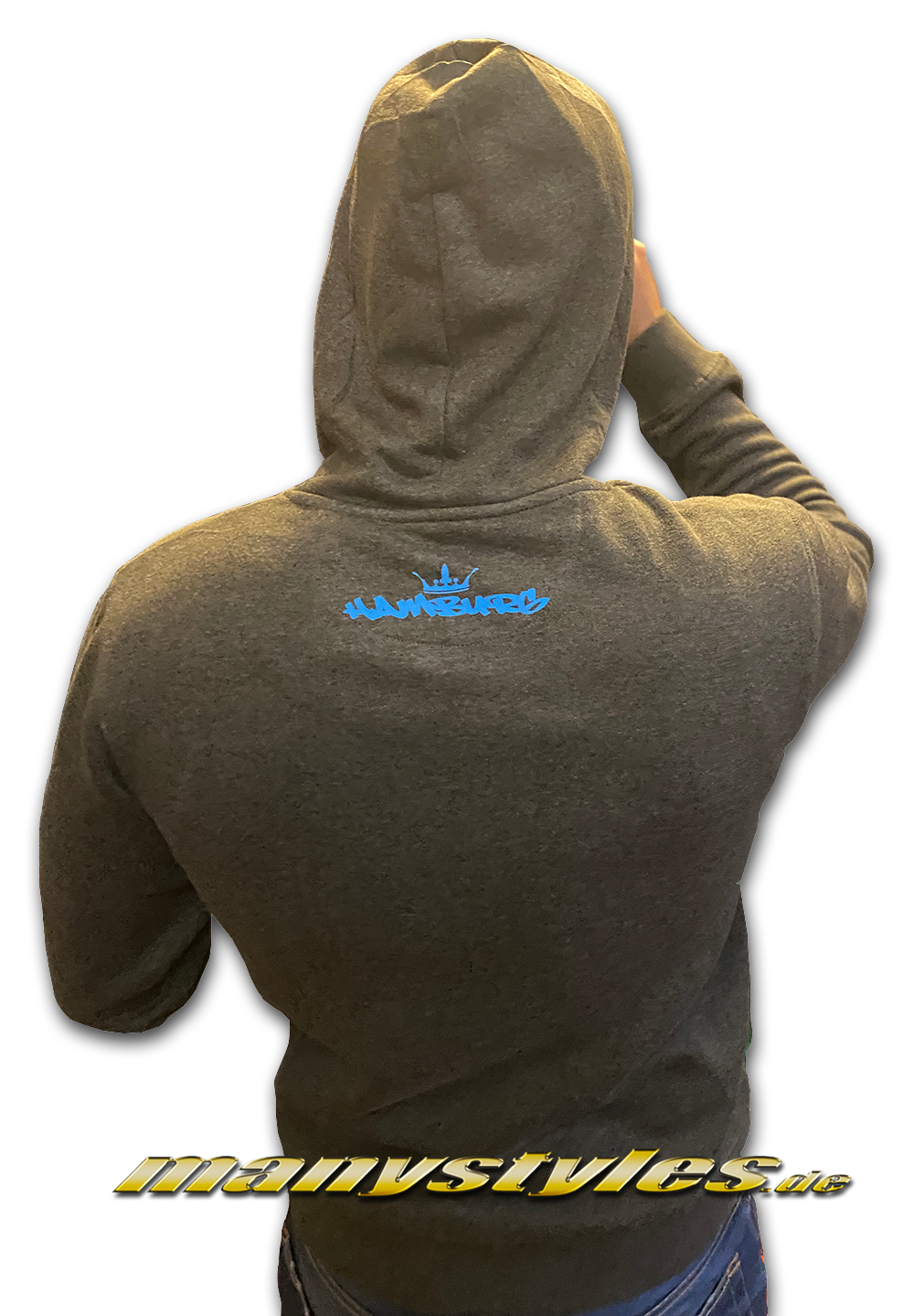 Fuck Covid19 manystyles Crown exclusive Hamburg Hooded Sweatshirt mit Kapuze in Charcoal Heather Grey Melange Ice Blue Design Print Back