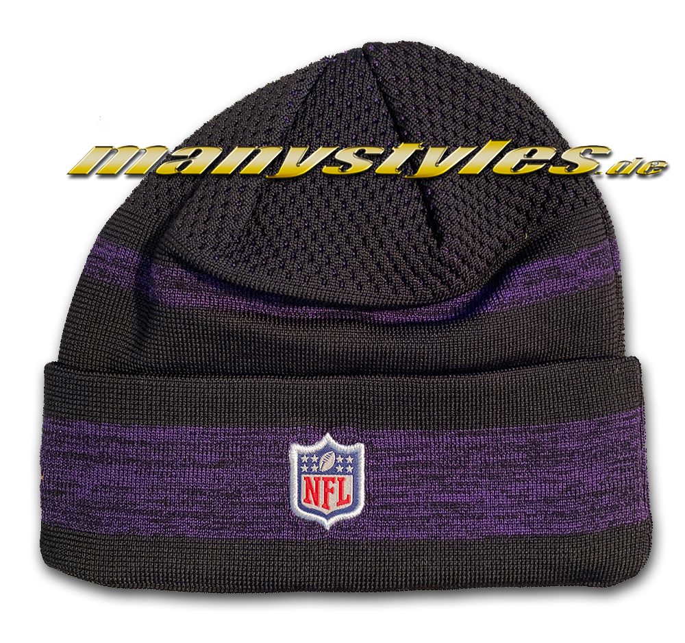 Minnessota Vikings NFL Sideline Tech Knit Beenie Black Purple Yellow von New Era Backviewnflshieldlogo