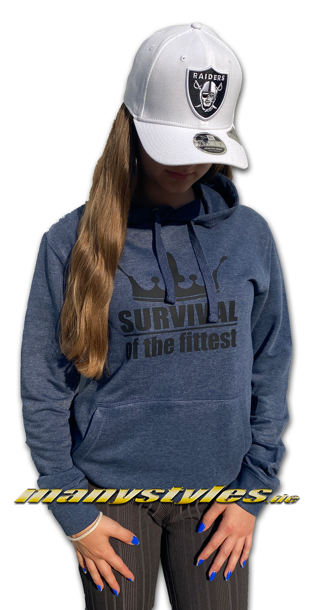 manystyles Survival of the Fittest Crown exclusive Hooded Sweatshirt mit Kapuze in Heather Denim Dark Black von Sol Back Real Rückseite Front Fine