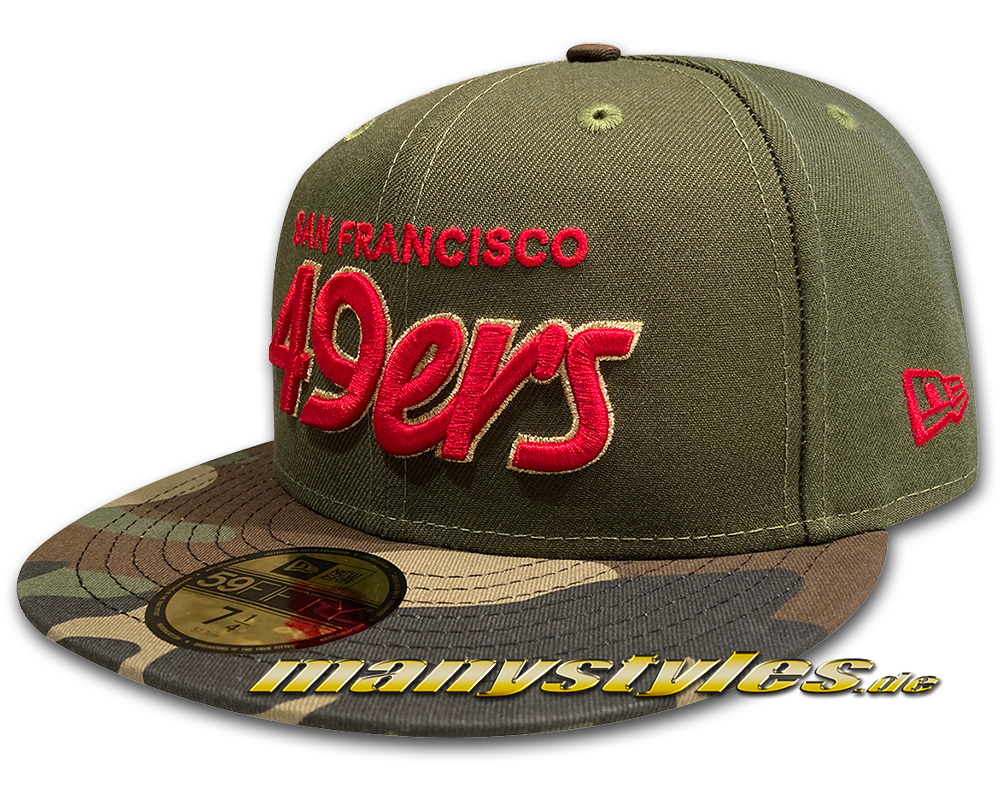 manystyles_de_san_francisco_49ers_nfl_exclusive_camo_visor_classic_script_new_era_599fifty_fitted_cap_rifle_green_woodland_camouflage_red_gold San Francisco 49ers NFL 59FIFTY Fitted manyStyles exclusive Camo Visor Cap in Rifle Green Woodland Camouflage von New Era