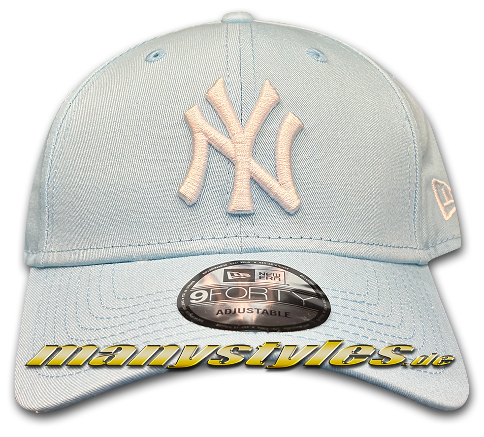 manystyles_new_era_ny_yankees_mlb_9orfty_curved_visor_adjustable_league_essential_cap_pastell_sky_white_front NY Yankees 9FORTY MLB Adjustable Curved Visor 940 Cap in Sky White von New Era