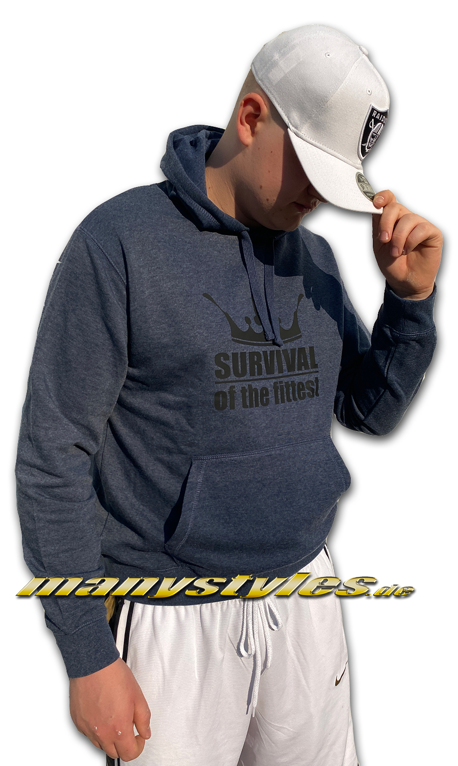 manystyles Survival of the Fittest Crown exclusive Hooded Sweatshirt mit Kapuze in Heather Denim Dark Black von Sol Front Real Male Model
