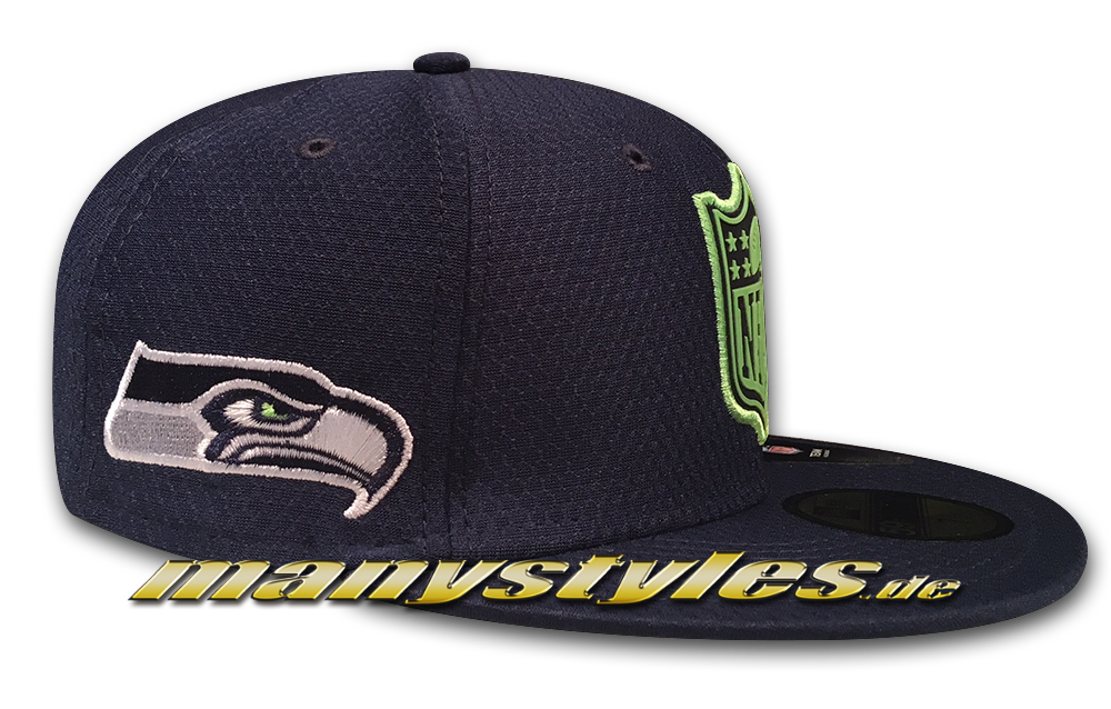 Seattle Seahawks 59FIFTY NFL Fitted Cap League Logo Fit Navy Lime Green OTC von New Era Side SeahawksLogo