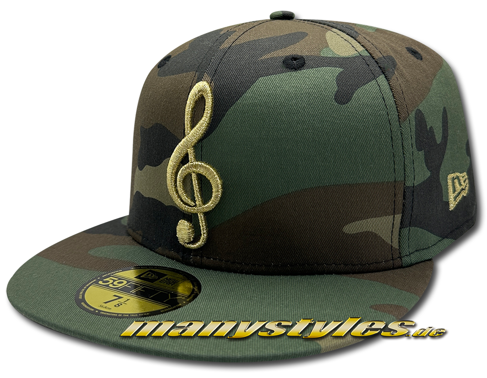Gönnt euch gleich die auf 18stück limitierte New Era Unlicensed 59FIFTY Fitted Cap Music Note Cap Woodland Camouflage Gold Metallic exclusive bei manystyles Realllll