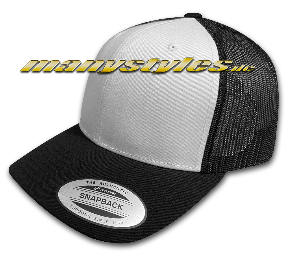 manystyles_de_yupoong_trucker_adjustable_curved_visor_blank_cap_black_white Blank Trucker Curved Visor Cap Black White von Yupong