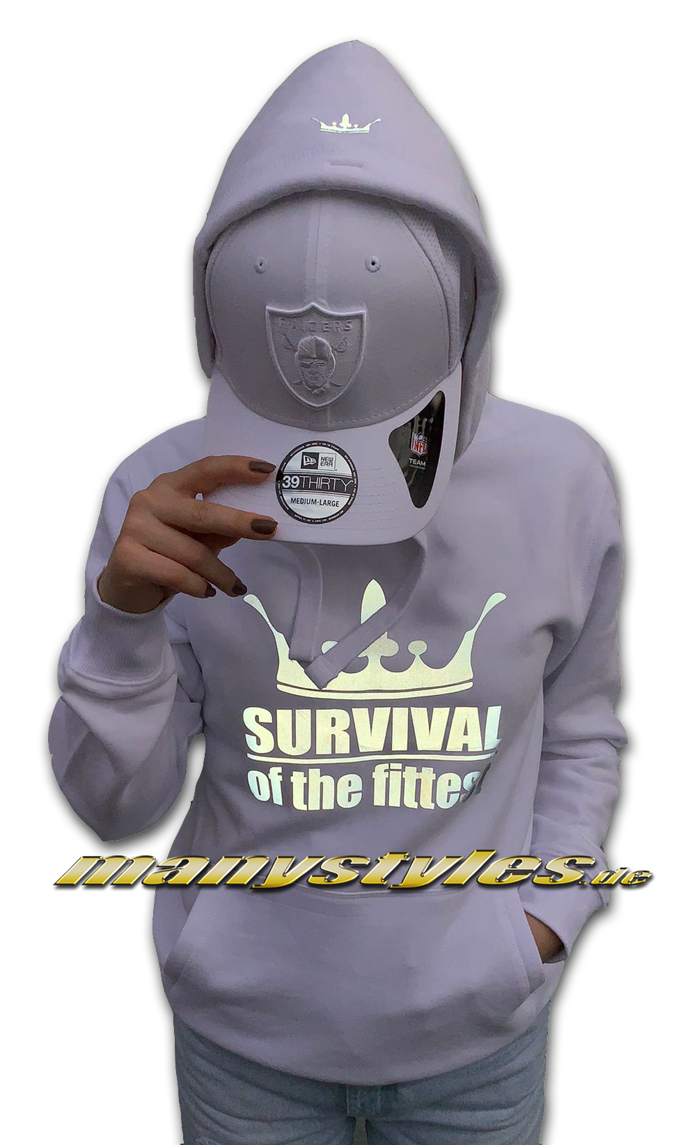 manystyles Survival of the Fittest Crown exclusive Hamburg Hooded Sweatshirt mit Kapuze in Bright White 3M Reflected Print Material Lightining Pic