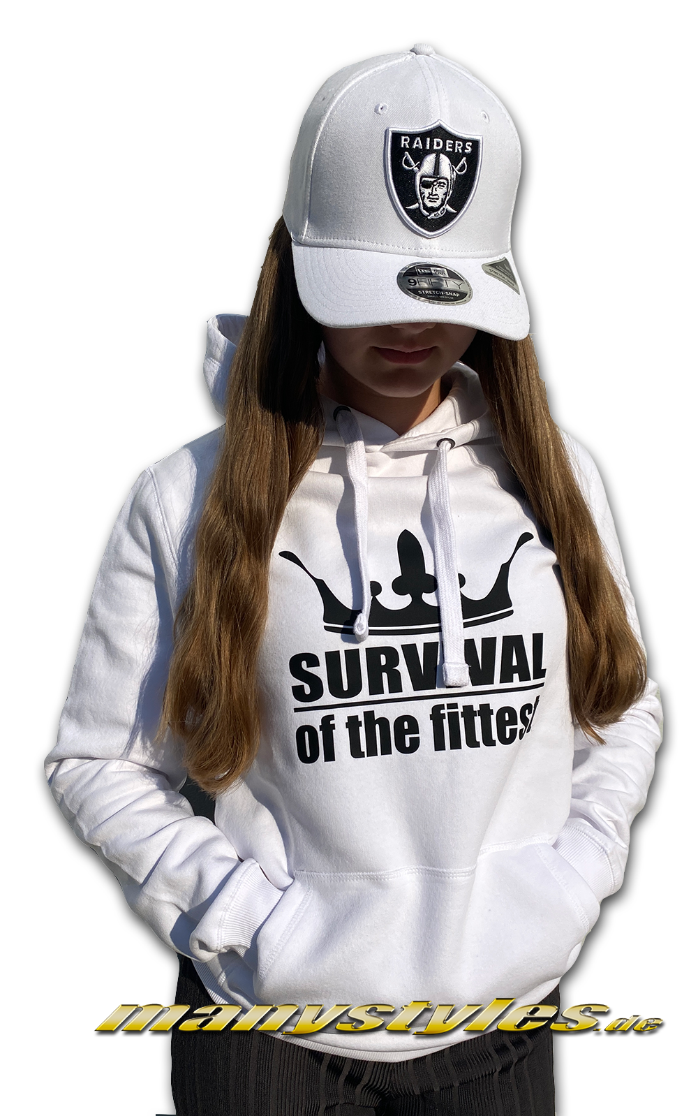 manystyles Survival of the Fittest Crown exclusive Hooded Sweatshirt mit Kapuze in Bright White Black Backview Rückseite Back Real