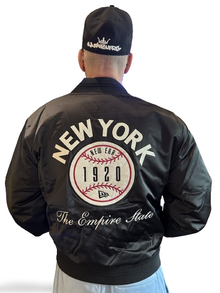 New Era 1920 New York Satin Bomber Jacket Black White Backview