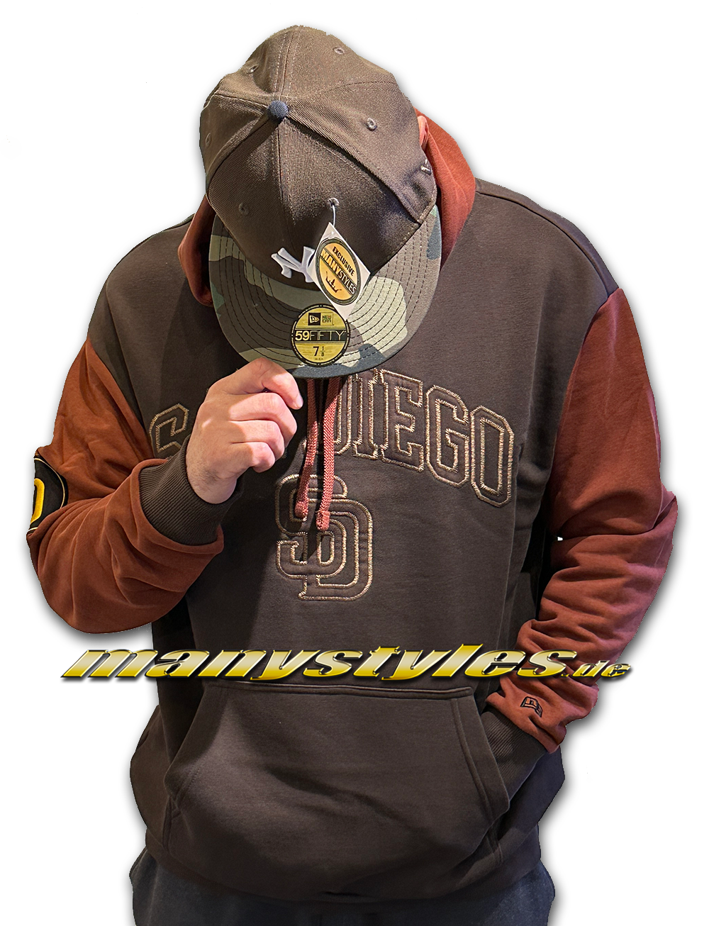 manystyles_new_era_san_diego_padres_mlb_team_patch-os_hooded_brown_stone_white_otc San Diego Padres MLB League Essential Hooded Brown OTC