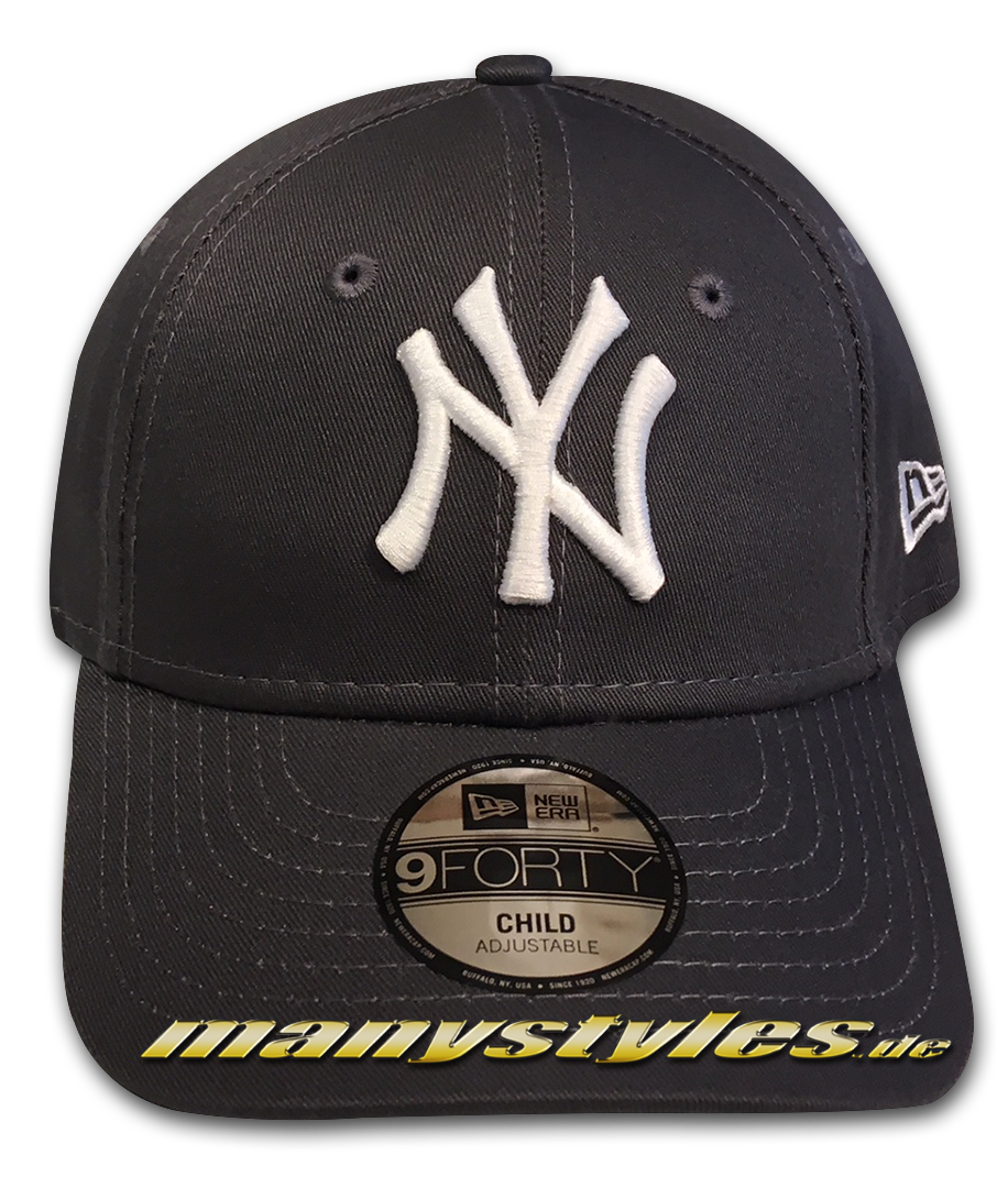 manystyles_de_new_era_ny_yankees_mlb_9forty_adjustable_curved_visor_cap_league_essential_940_kids_jr_child_toddler_youth_graphite_grey_white NY Yankees 9FORTY MLB League Essentials Curved Visor Adjustable Cap Kids von New Era