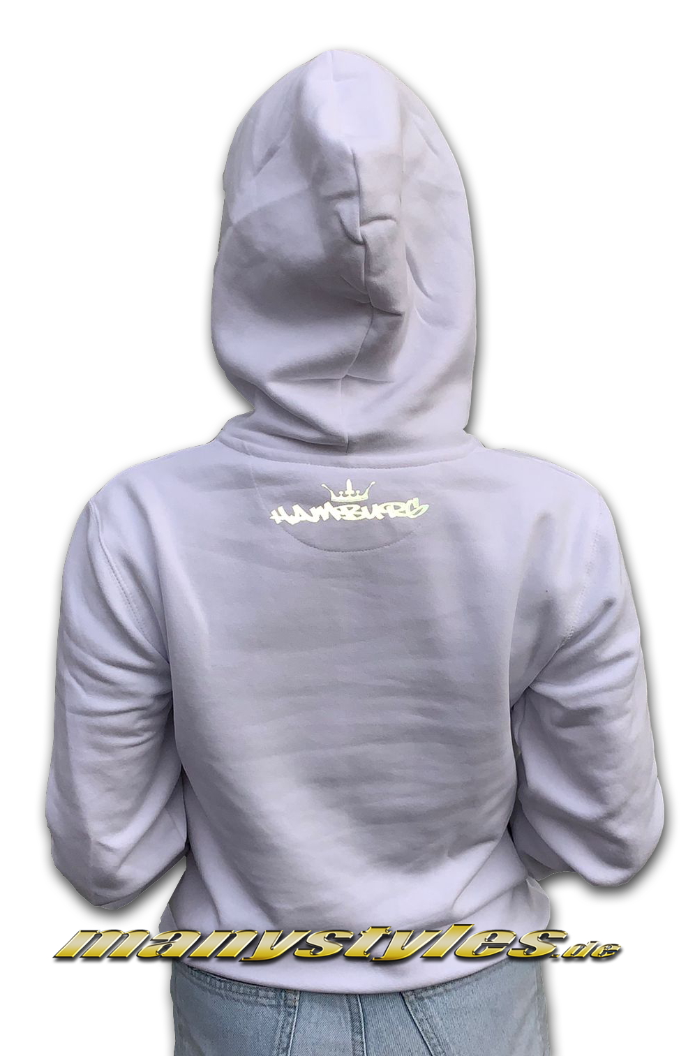 manystyles Survival of the Fittest Crown exclusive Hamburg Hooded Sweatshirt mit Kapuze in Bright White 3M Reflected Print Material Back Lightining Pic