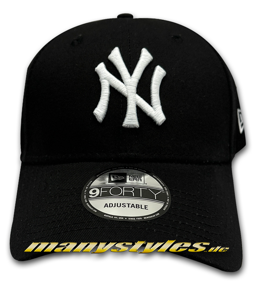 manystyles_new_era_ny_yankees_mlb_9forty_curved_visor_adjustable_cap_black_white NY Yankees 9FORTY MLB League Essentials Curved Visor Adjustable Cap in Black White von New Era