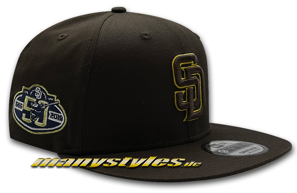 manystyles_new_era_san_diego_padres_nba_9fifty_50_years_anniversary_side_patch_script_brown_stone_white_yellow_otc_alternate_view San Diego Padres MLB 9FIFTY Side Patch Script Snapback Cap Brown Yellow von New Era Alternate View