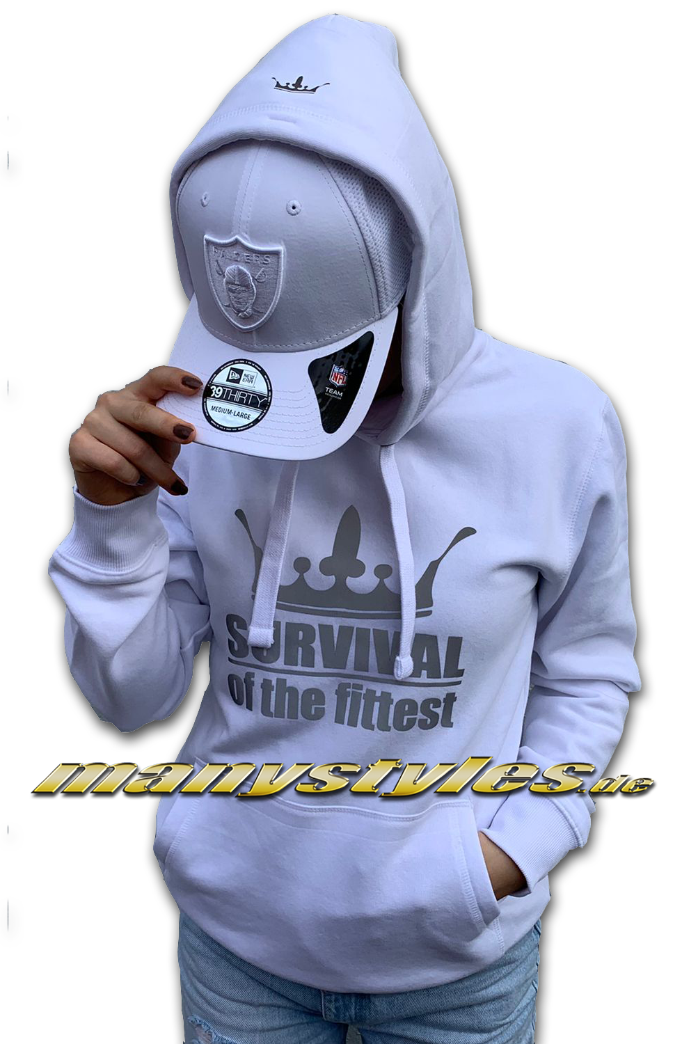 manystyles Survival of the Fittest Crown exclusive Hamburg Hooded Sweatshirt mit Kapuze in Bright White 3M Reflected Print Material