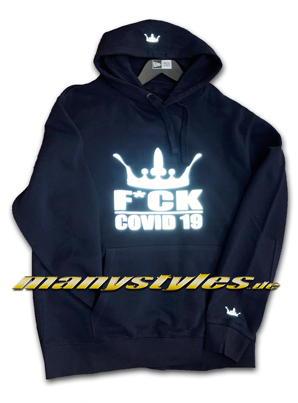 Fuck Covid19 manystyles Crown exclusive Hamburg Survivor Hooded Sweatshirt mit Kapuze in French Navy 3M Reflector Material Dakr