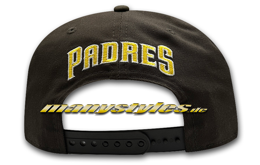 manystyles_new_era_san_diego_padres_nba_9fifty__snapback_cap_50_years_anniversary_side_patch_brown_stone_white_yellow_otc_backview San Diego Padres MLB 9FIFTY Side Patch Script Snapback Cap Brown Yellow von New Era BAckview