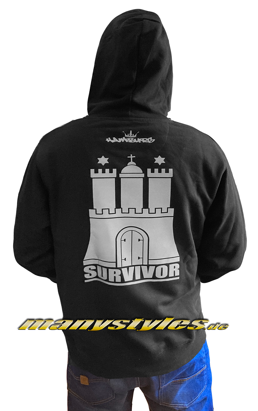 Fuck Covid19 manystyles Crown SPECIAL exclusive Hamburg Survivor Hooded Sweatshirt mit Kapuze in Black 3M Backview Rückseite