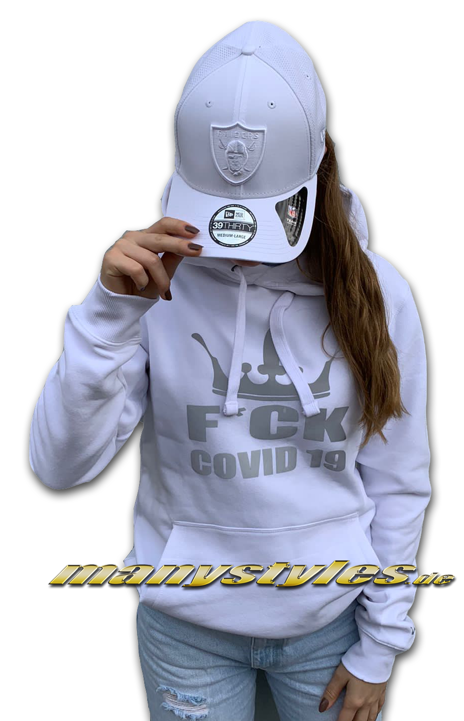 Fuck Covid19 manystyles Crown Hamburg exclusive Hooded Sweatshirt mit Kapuze in Bright White 3M Light