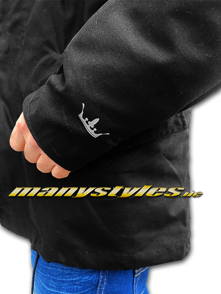manystyles Brandit M65 Army Parka on Field Custom Exclusive Jacket Black 3M Reflector Design Print Arm Detail