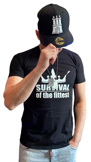 manystyles Survival of the Fittest Crown exclusive T-Shirt Black White Tee