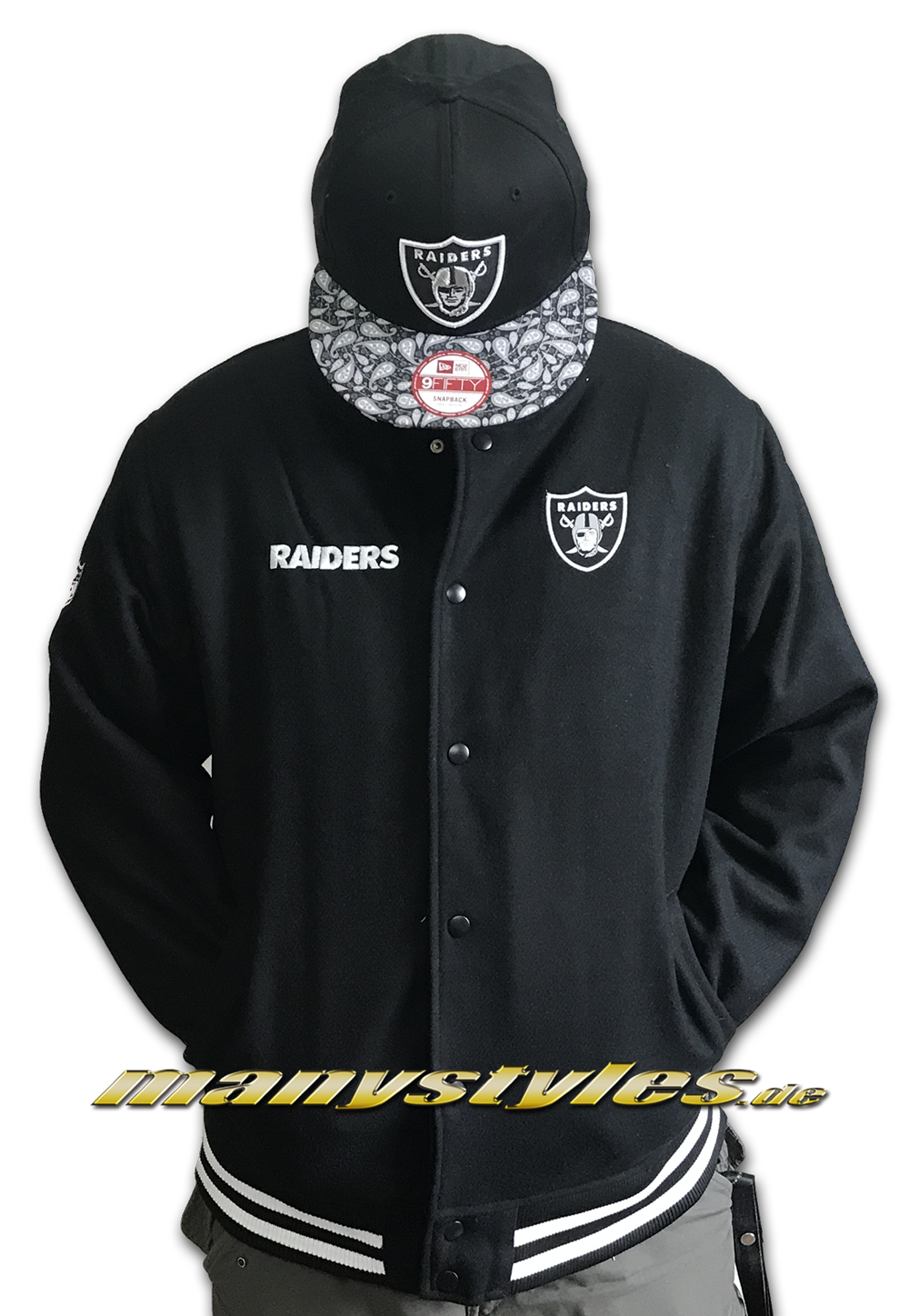 New Era Oakland Raiders NFL Team Apparel Melton Bomber Jacket Black White OTC von New Era
