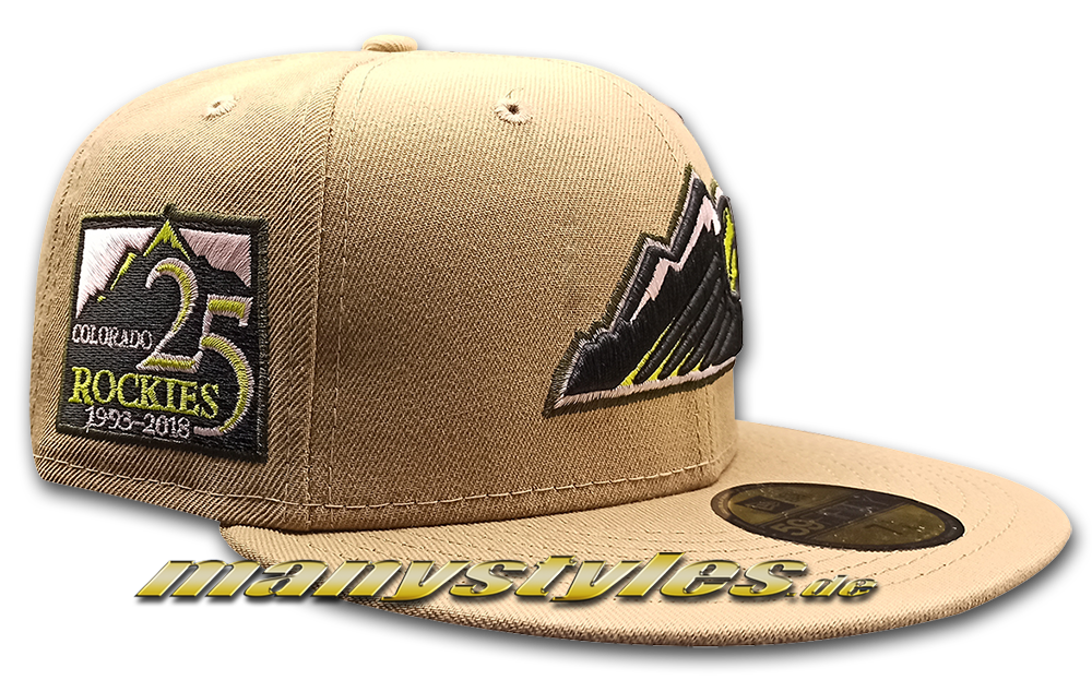 COLORADO ROCKIES MLB 59FIFTY 25 Anniversary HWC MANYSTYLES exclusive Cap Khaki Pink von New Era Real 2 Alternate Patch View