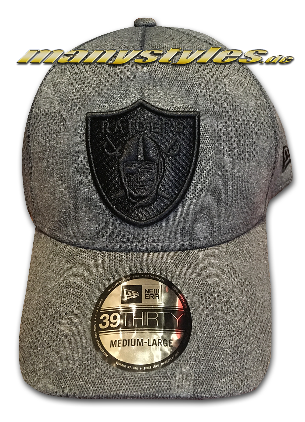 Oakland Raiders NFL 39THIRTY Curved Visor Cap Engineered Plus 3930 Heather Grey Black von New Era