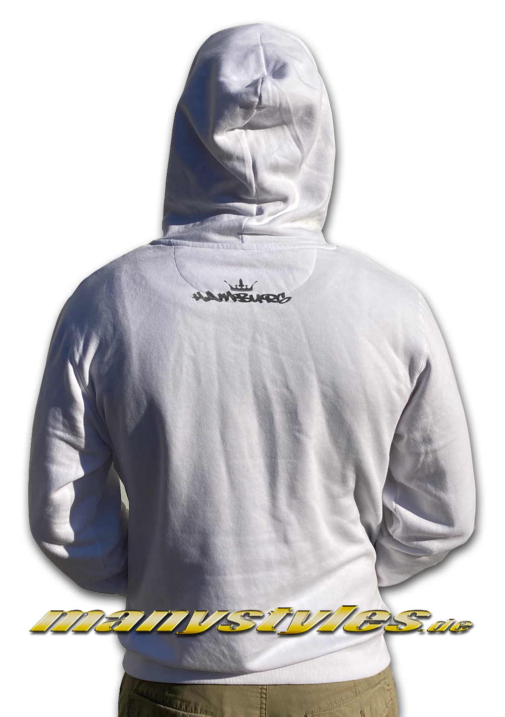 manystyles Survival of the Fittest Crown exclusive Hooded Sweatshirt mit Kapuze in Bright White Reflective 3M Print Backview Hamburg Crown Script