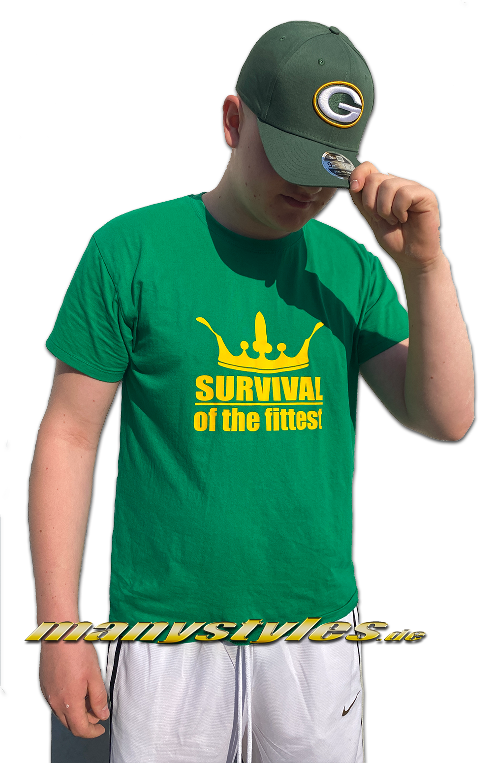 manystyles Survival of the Fittest Crown exclusive T-Shirt in Packers Green Yellow von Sol Front Real