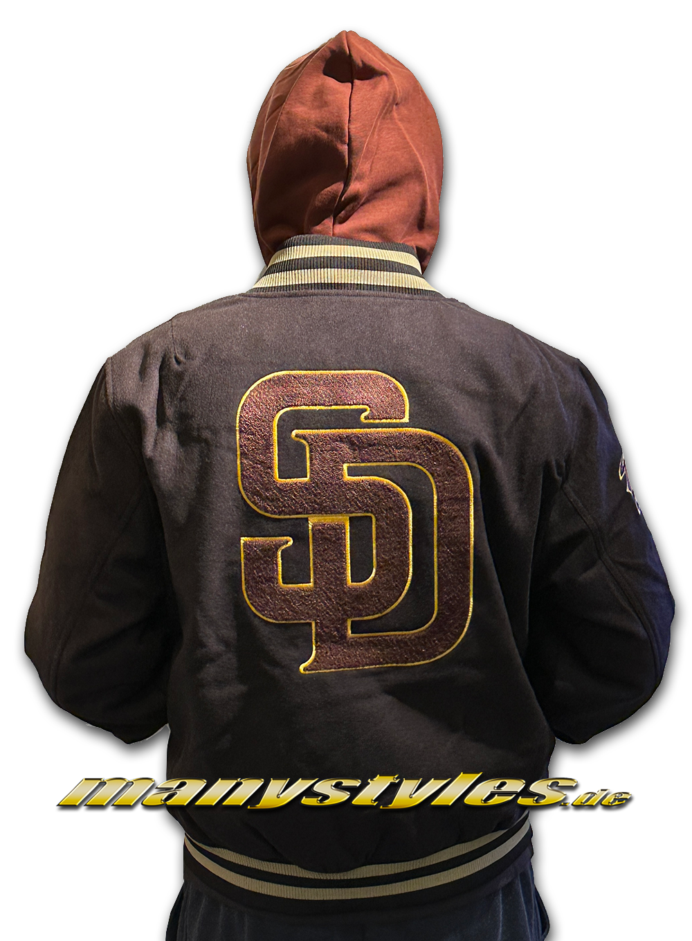San Diego Padres MLB Varsity Patch Jacket Brown OTC Brown Yellow von New Era Backview