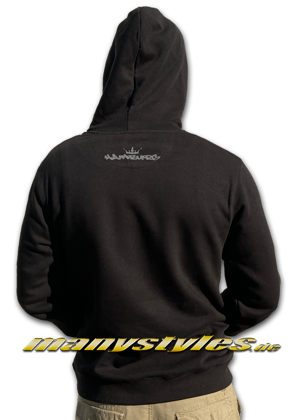 Survival of the Fittest Crown exclusive Hooded Sweatshirt mit Kapuze in Black reflectiive 3M Print Backview Hamburg Crown Script