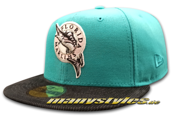 Florida Marlins manyStyles exclusive 93Champs Miami Vice Style Pastell Teal Pink Black Poly Color 59FIFTY von New Era Front Front Reakl