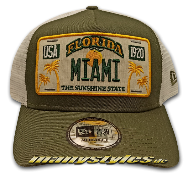 NE Number Plate Trucker Cap Florida Miami The Sunshine State in Olive White Yellow von New Era