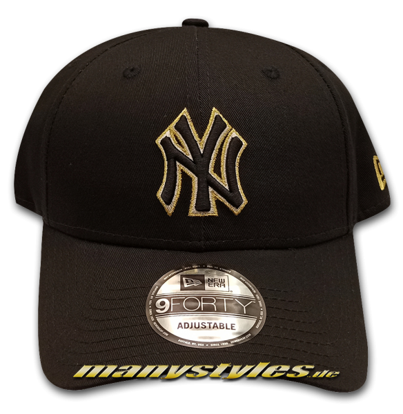 NY Yankees MLB 9FORTY Curved Visor Adjustable Metallic Pop Cap Black Gold Silver von New Era