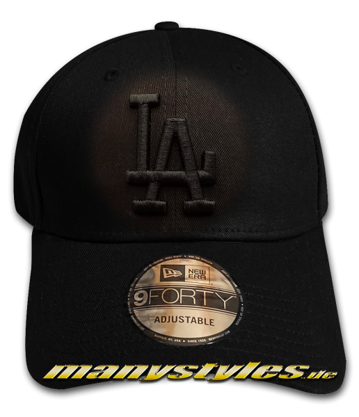 LA Dodgers 9FORTY MLB League Essential Curved Visor Adjustable Cap Black on Black