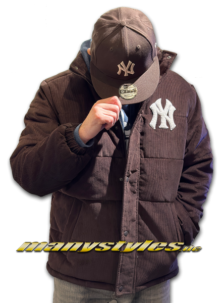 MANYSTYLES NY Yankees MLB Cord Big Coruroy Puffer Jacket Brown Stone Khaki White von New Era Front 